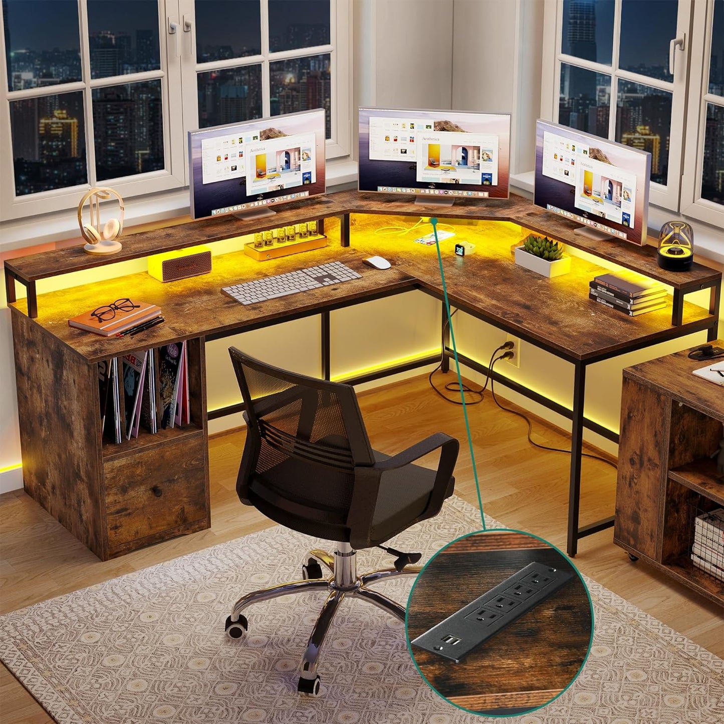 YITAHOME L Shaped Desk with Power Outlets & LED Lights, 67" Computer Desk with File Drawer, Corner Desk Home Office Desk with Monitor Stand & 3 Cubbies Storage Shelves, Rustic Brown