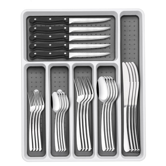 49-Piece Silverware Set with Organizer, Heavy Duty Stainless Steel Flatware for 8, Cutlery Utensil Sets with Steak Knives, Rust-proof, Mirror Polished, Dishwasher Safe