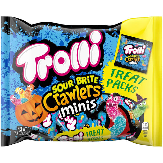 Trolli Sour Brite Crawlers Minis, Candy Gummy Worms, Halloween Trick or Treat Size Pouches, 7.2oz