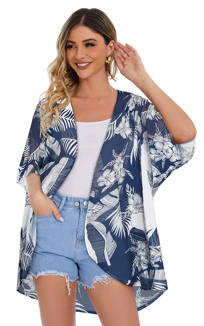 Women's Floral Print Puff Sleeve Kimono Cardigan Loose Cover Up Casual Blouse Tops