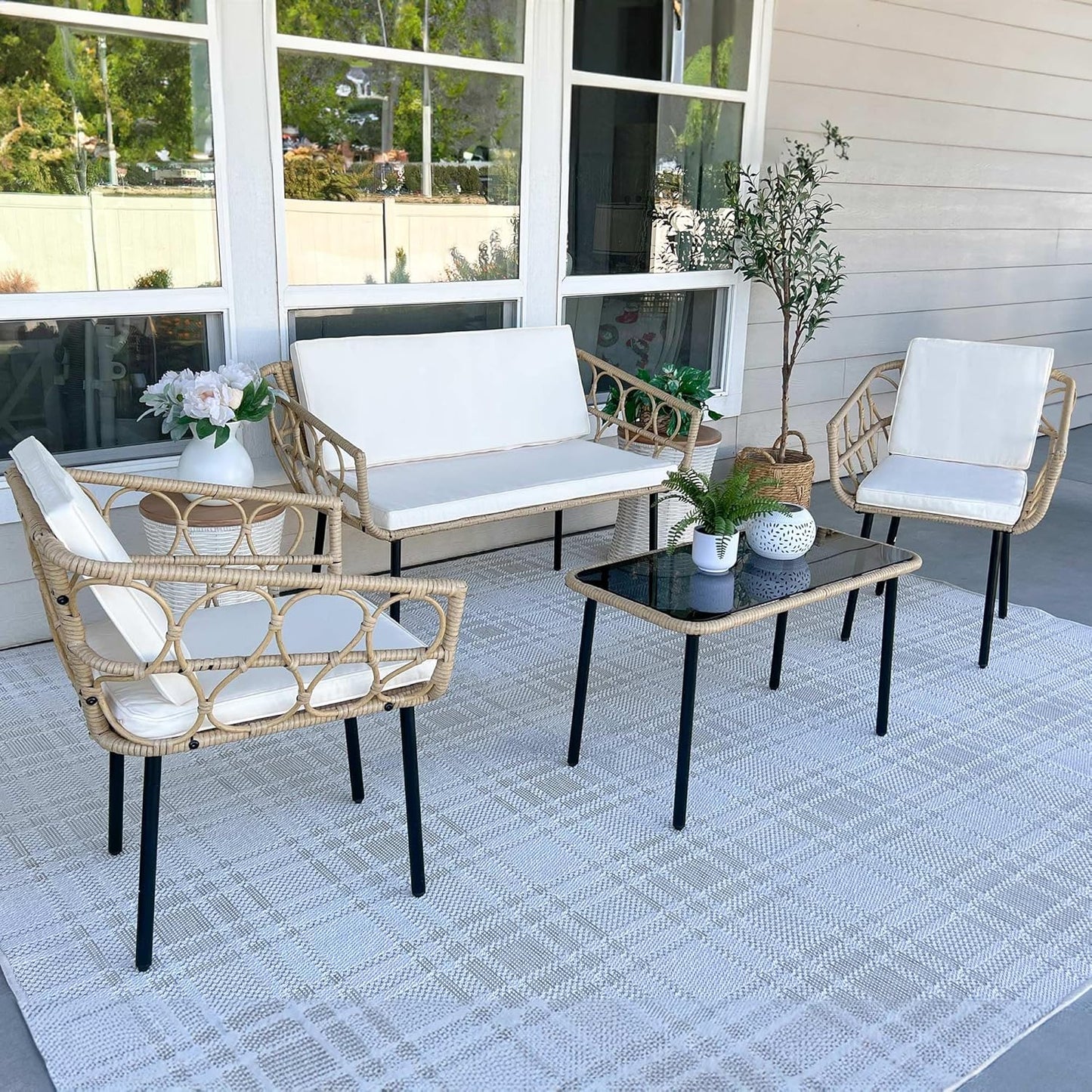 YITAHOME 4 Pieces Patio Furniture Set, Wicker Outdoor Bistro Set, All-Weather Rattan Conversation Set with Loveseat Chairs Table Cushions for Backyard, Pool, Deck, Garden – Beige