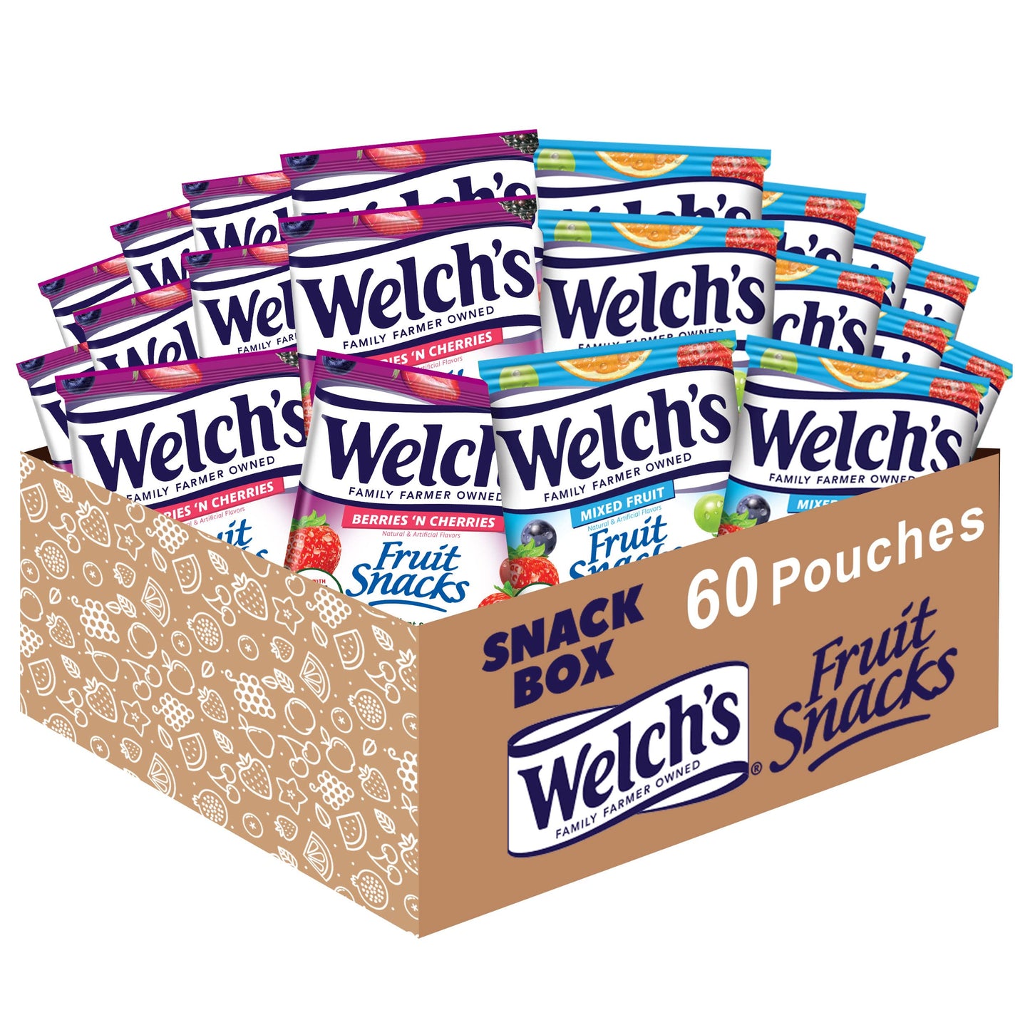 Welch's Fruit Snacks, Mixed Fruit & Berries 'N Cherries Bulk Variety Pack, Perfect for School Lunches, Gluten Free, 0.8 oz Individual Single Serve Bags (Pack of 60)