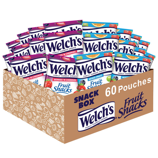 Welch's Fruit Snacks, Mixed Fruit & Berries 'N Cherries Bulk Variety Pack, Perfect for School Lunches, Gluten Free, 0.8 oz Individual Single Serve Bags (Pack of 60)