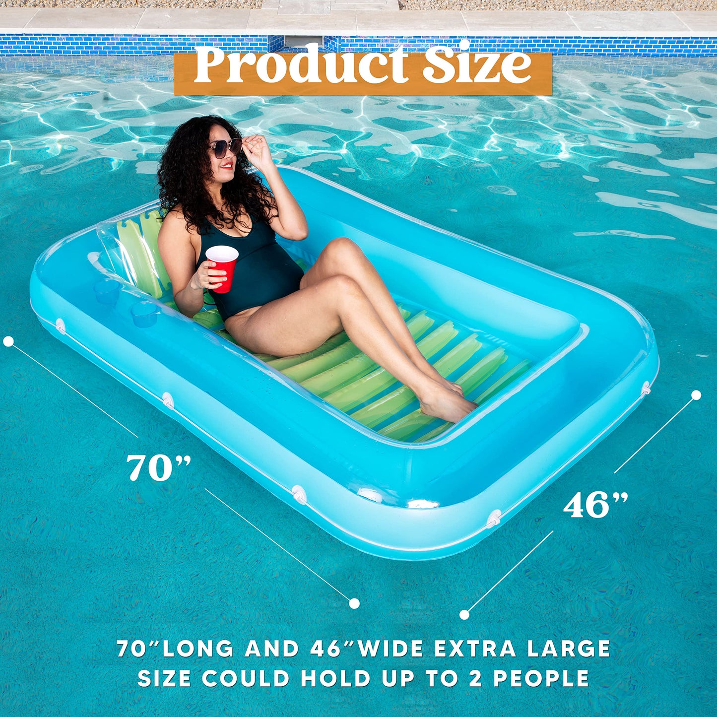 Sloosh Inflatable Tanning Pool Lounge Float, 70" x 46" Suntan Tub Raft Floatie, Tanning Pool with Pillow, Personal Pool Lounger for Adult Summer Water Party, L-Blue