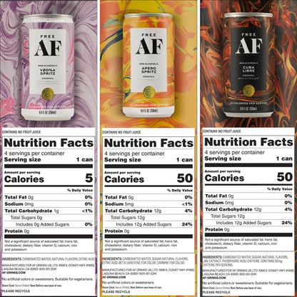 FREE AF Non-Alcoholic Tasting Pack | Ready to Drink, Random Assortment of Classic Mocktails | Low Calories & Sugar | 8.4fl oz Cans (6 pack)