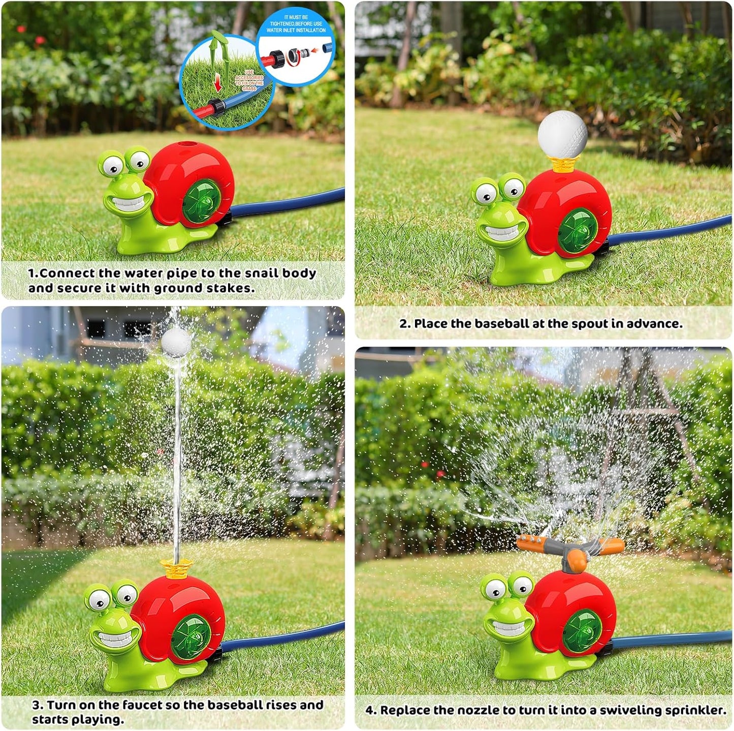 Water Sprinkler Baseball Toy - 2 in 1 Snail Water Baseball Water Wiffle Ball Game, Kids Outside Water Toy with 2 Sprinkler Heads, 360° Roating Spray Fun for Boys Girls Summer Backyard Party Lawn Pool