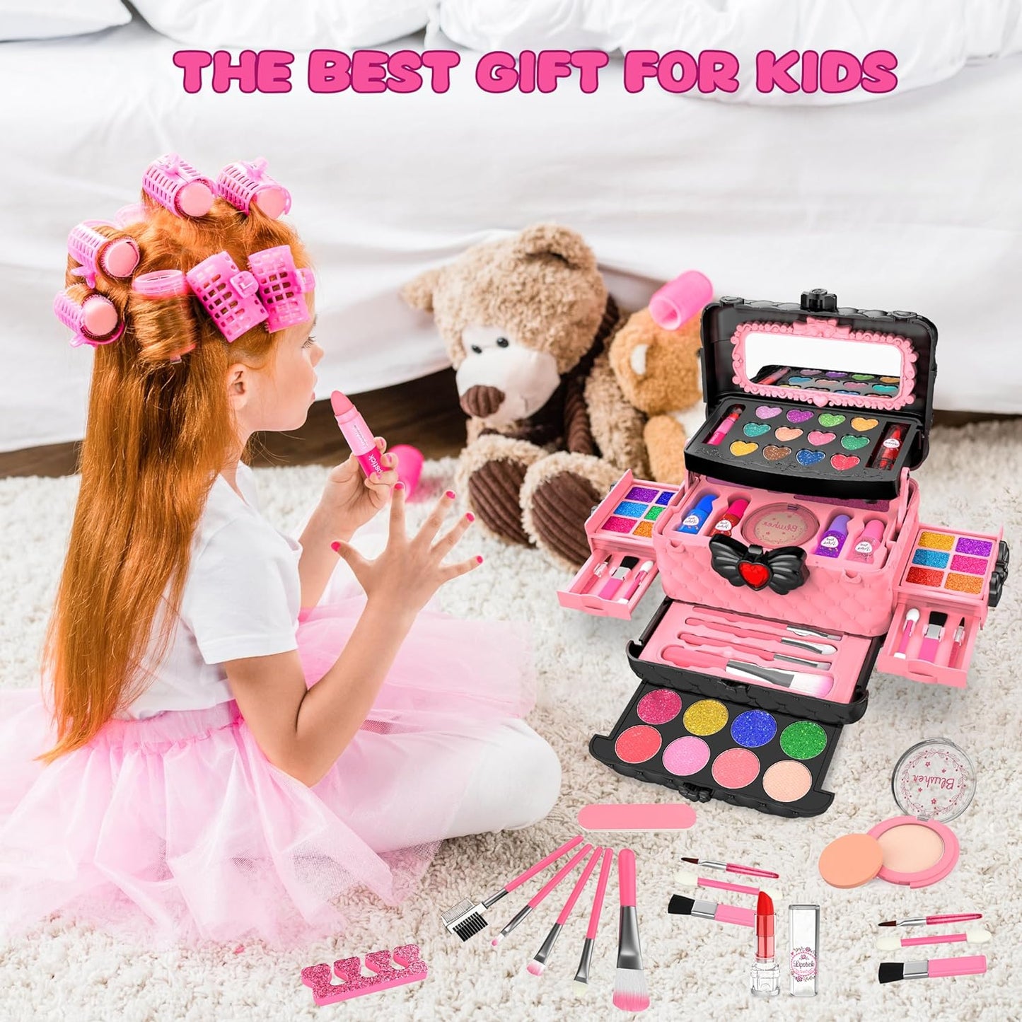 54 Pcs Kids Makeup Kit for Girls, Princess Real Washable Pretend Play Cosmetic Set Toys with Mirror, Non-Toxic & Safe, Birthday Gifts for 3 4 5 6 7 8 9 10 Years Old Girls Kids (Pink)