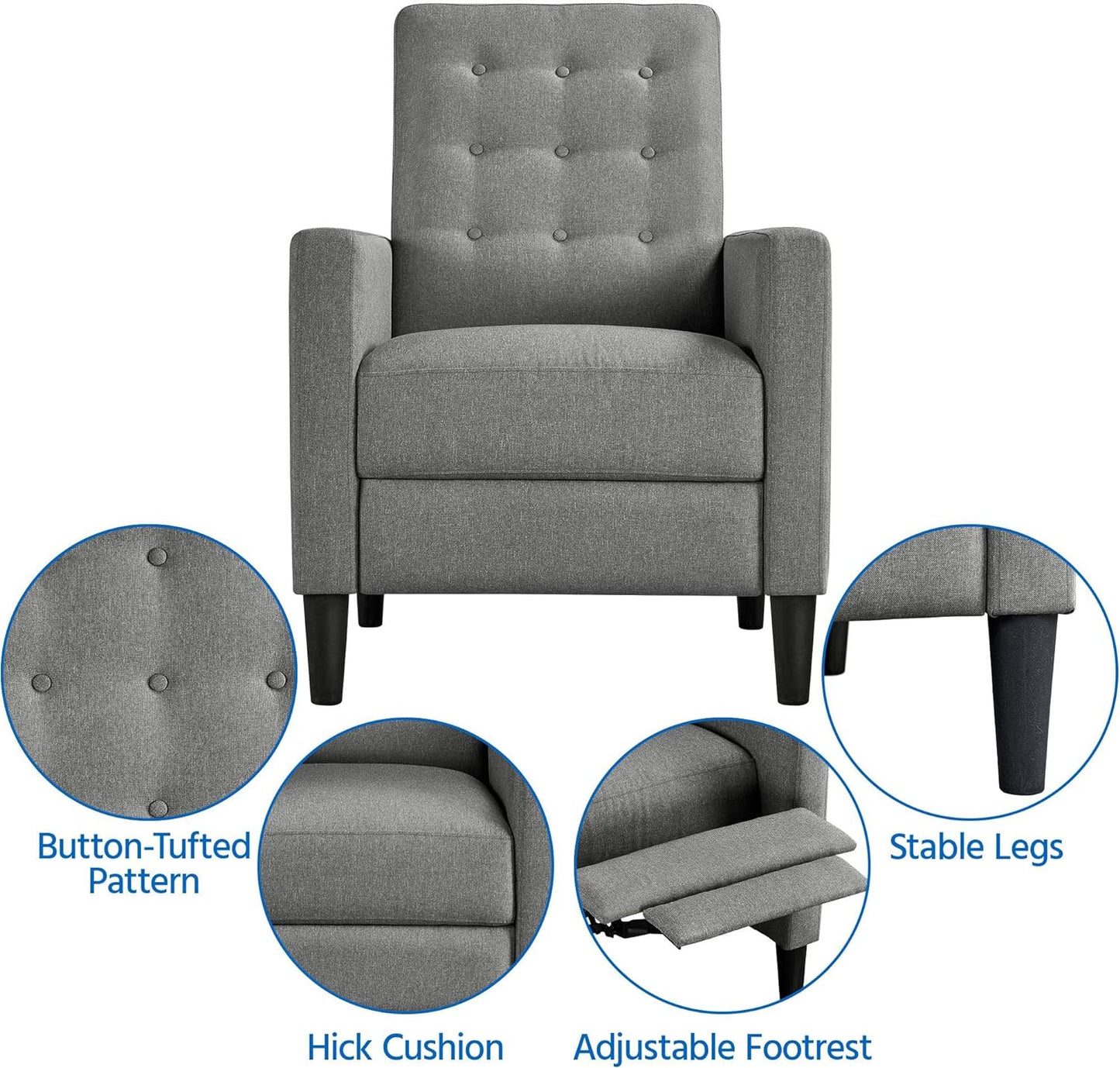 Yaheetech Fabric Recliner Chair Mid-Century Modern Recliner Adjustable Single Recliner Sofa with Thicker Seat Cushion Tufted Upholstered Sofa with Pocket Spring for Living Room Bedroom Gray