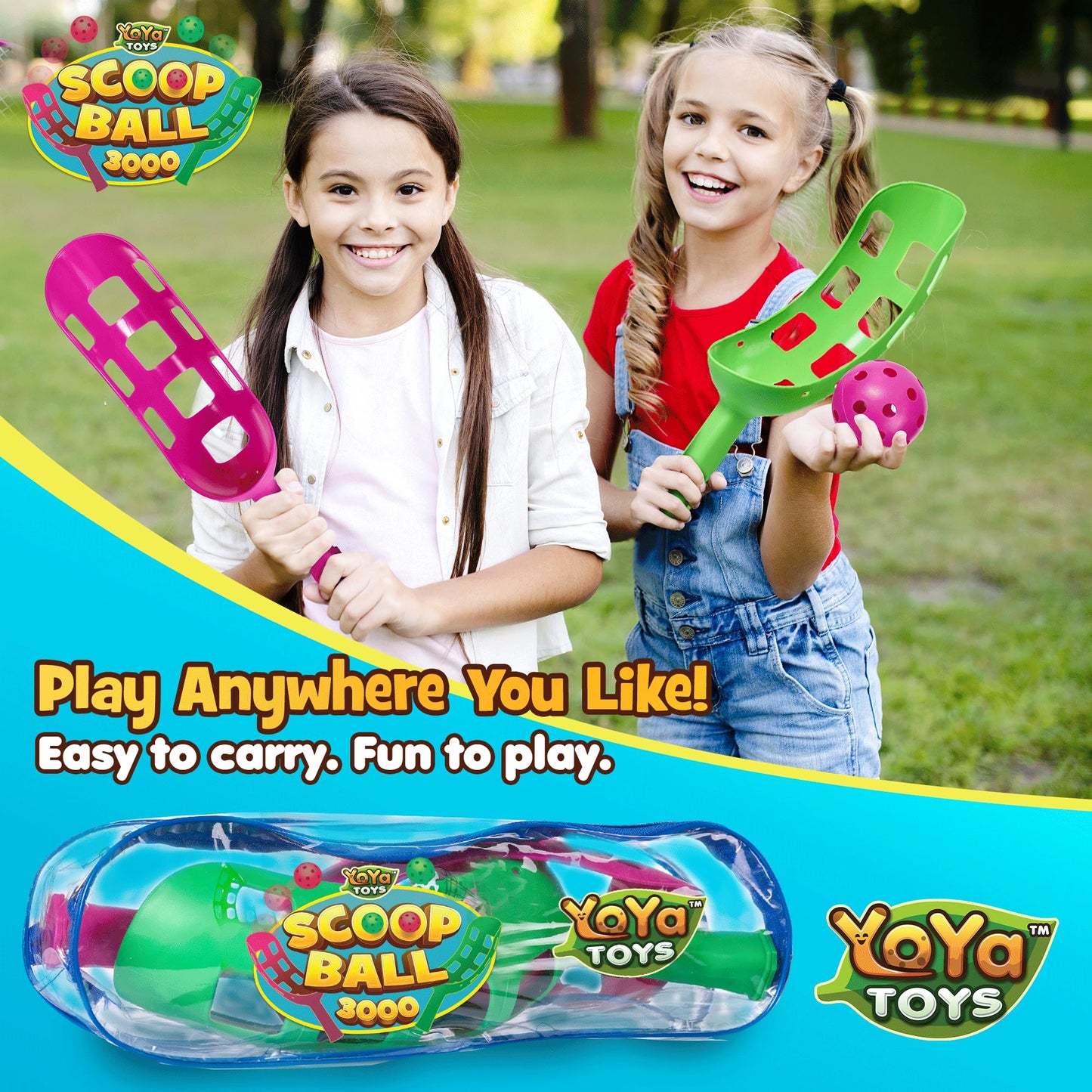 YoYa Toys Scoop Ball Set - Toss & Catch Game for Kids - Outdoor Fun, Beach Toys - Ideal for Field Day, Summer Activities, PE Equipment, Backyards, Parks, Camping - Includes 2 Scoops, 2 Balls, PVC Case