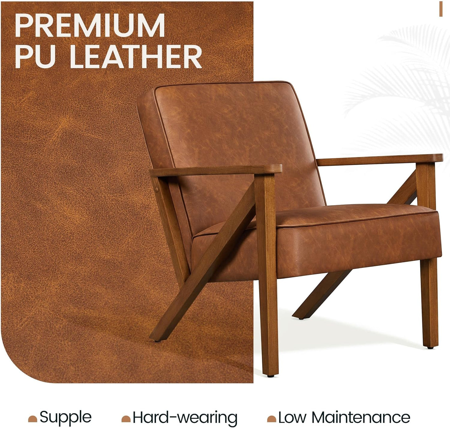 Yaheetech Accent Chair Faux Leather Armchair Lounge Chair with Wood Frame, Modern Retro Lounge Chair for Living Room/Office/Reception Area, Light Brown