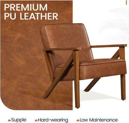 Yaheetech Accent Chair Faux Leather Armchair Lounge Chair with Wood Frame, Modern Retro Lounge Chair for Living Room/Office/Reception Area, Light Brown