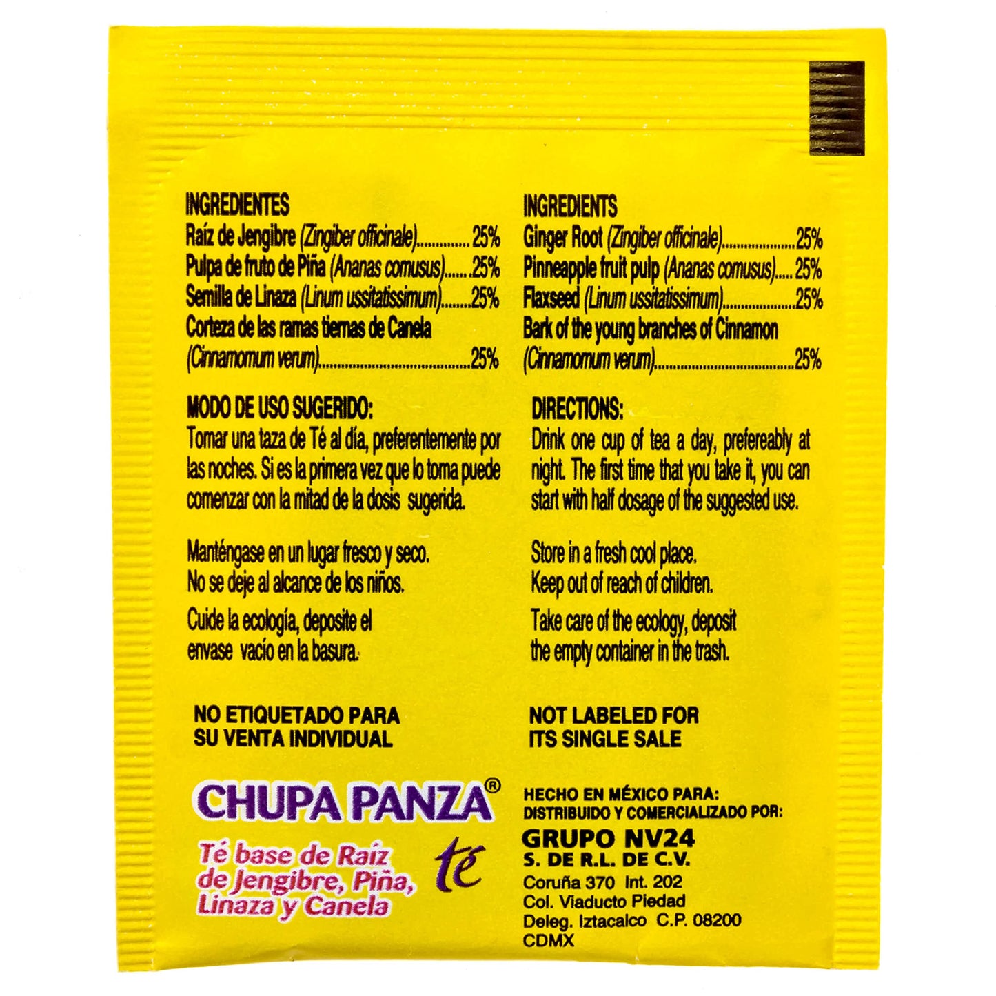 Tea CHUPA Panza, Tea Based ONGINGER Root, PINNEAPPLE, Flaxseed & Cinnamon (30 Tea Bags/0.10 oz Each)