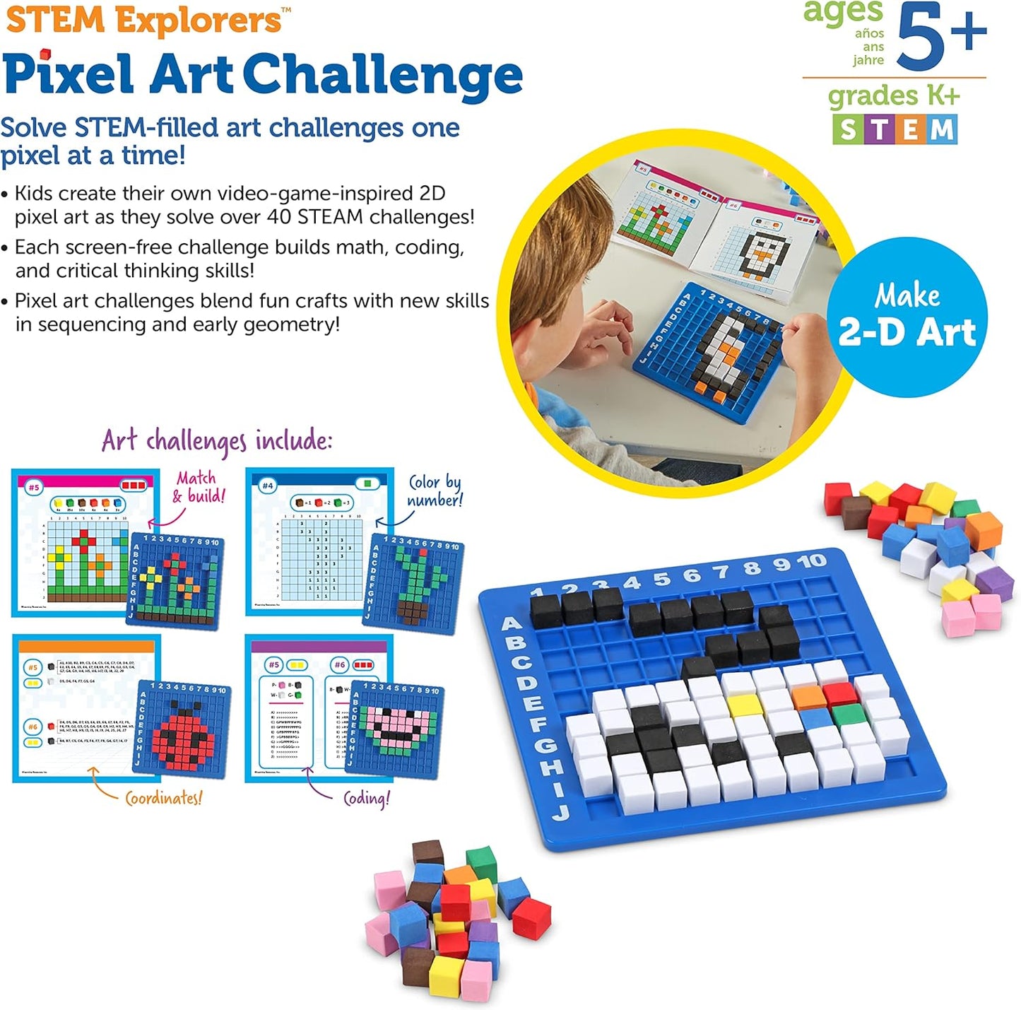 Learning Resources STEM Explorers Pixel Art Challenge, 402 Pieces, Ages 5+, STEM Toys For Kids, Coding Basics For Kids, STEM Activities For Classroom, Medium