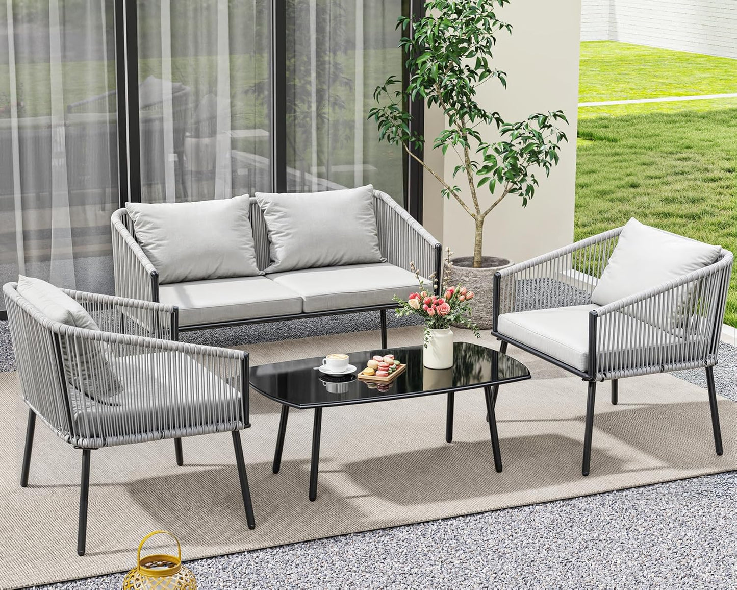 YITAHOME 4-Piece Patio Furniture Wicker Outdoor Bistro Set, All Weather Rattan Loveseat Gray Rope Conversation Sets with Soft Cushions and Side Table for Backyard, Balcony and Deck, Gray