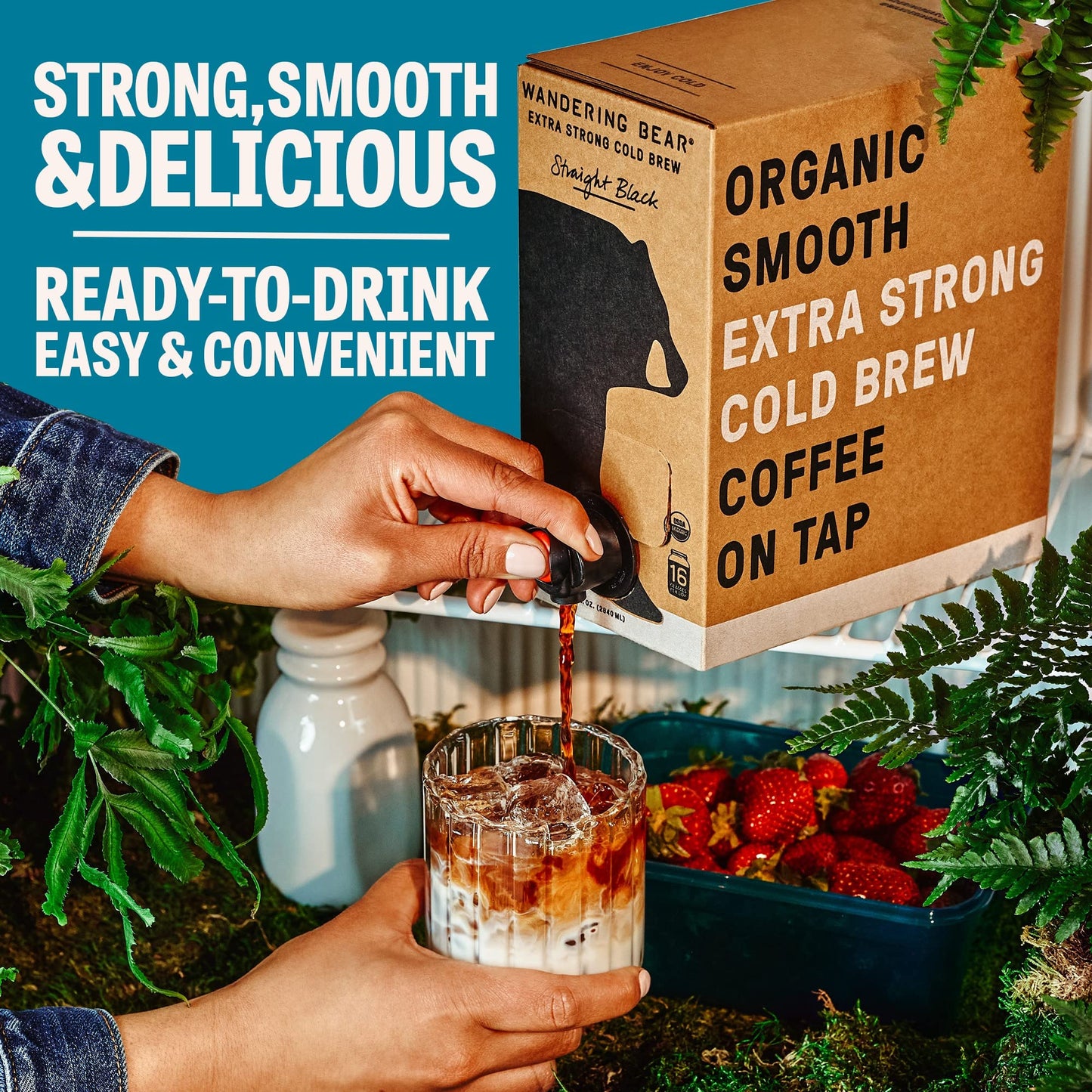 Wandering Bear Straight Black Organic Cold Brew Coffee On Tap, 96 fl oz - Extra Strong, Smooth, Unsweetened, Shelf-Stable, and Ready to Drink Iced Coffee, Cold Brewed Coffee, Cold Coffee