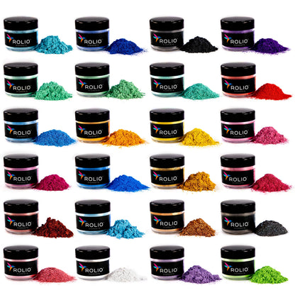 Rolio Premium Mica Powder Pearlescent Color Pigment - Art Set for Resin Epoxy - for Soap Making, Nail Polish, Lip Gloss, Eye Shadow, Slime & Candle Jars - 10g, 24 Jars - (Original Set)