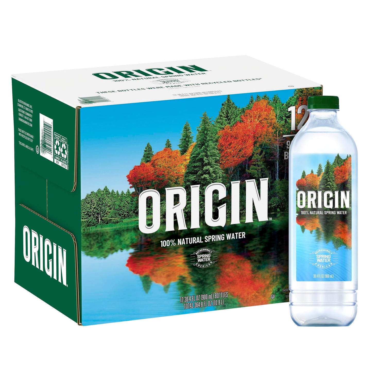 ORIGIN, 100% Natural Spring Water, 900 mL, Recycled Plastic Bottle, 30.4 Fl Oz (Pack of 12)