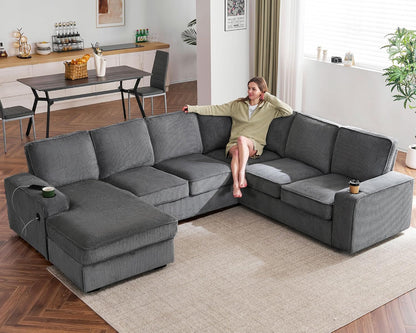 112 inch Sectional Sofa, Oversized Sofa with Storage Chaise, U Shaped Sofa Couch with USB Ports, Corduroy Couch—Grey