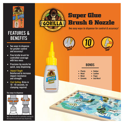 Gorilla Super Glue with Brush & Nozzle Applicator, 12 Gram, Clear, (Pack of 1)