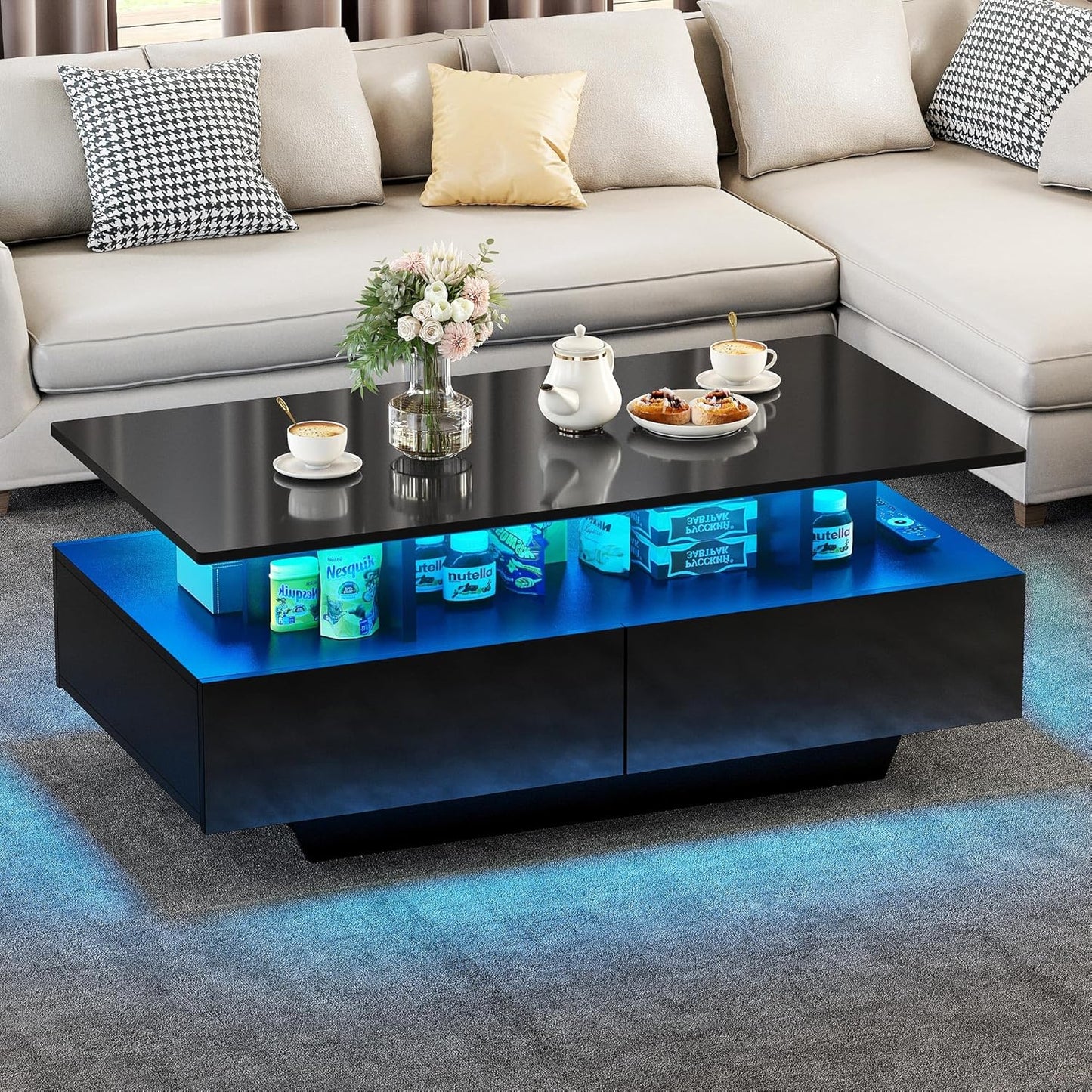 YITAHOME LED Coffee Table with Storage, High Glossy LED Coffee Tables for Living Room, Small Center Table with Open Display Shelf & Sliding Drawers, Black