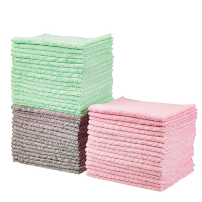 Amazon Basics Microfiber Cleaning Cloths, Non-Abrasive, Reusable and Washable, Pack of 24, Green/Gray/Pink, 16" x 12"