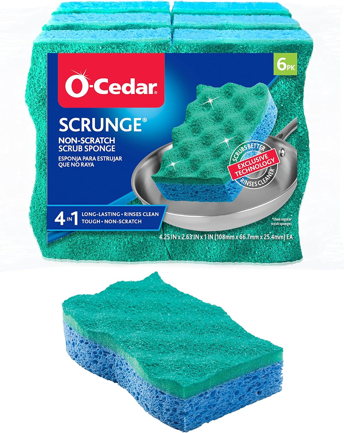 O-Cedar Scrunge Multi-Use (Pack of 6) Non-Scratch, Odor-Resistant All-Purpose Scrubbing Sponge Safely Cleans All Hard Surfaces in Kitchen and Bathroom, 6 Count (Pack of 1), Blue