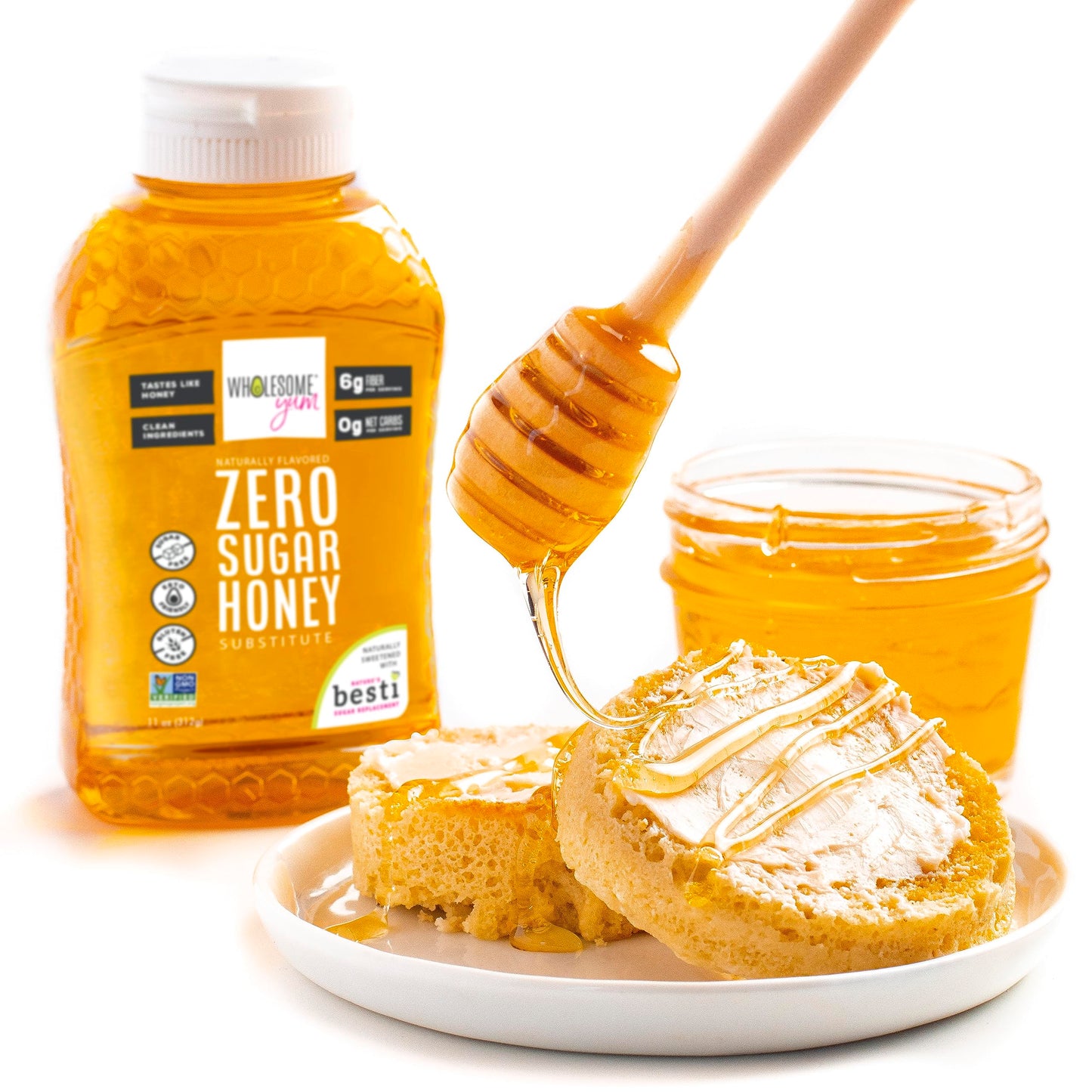 Wholesome Yum Zero Sugar Honey Substitute (Keto Honey) - Natural Sugar Free Honey Alternative With Monk Fruit & Allulose - Zero Net Carbs, Non GMO, Gluten Free, No Aftertaste (11 oz)