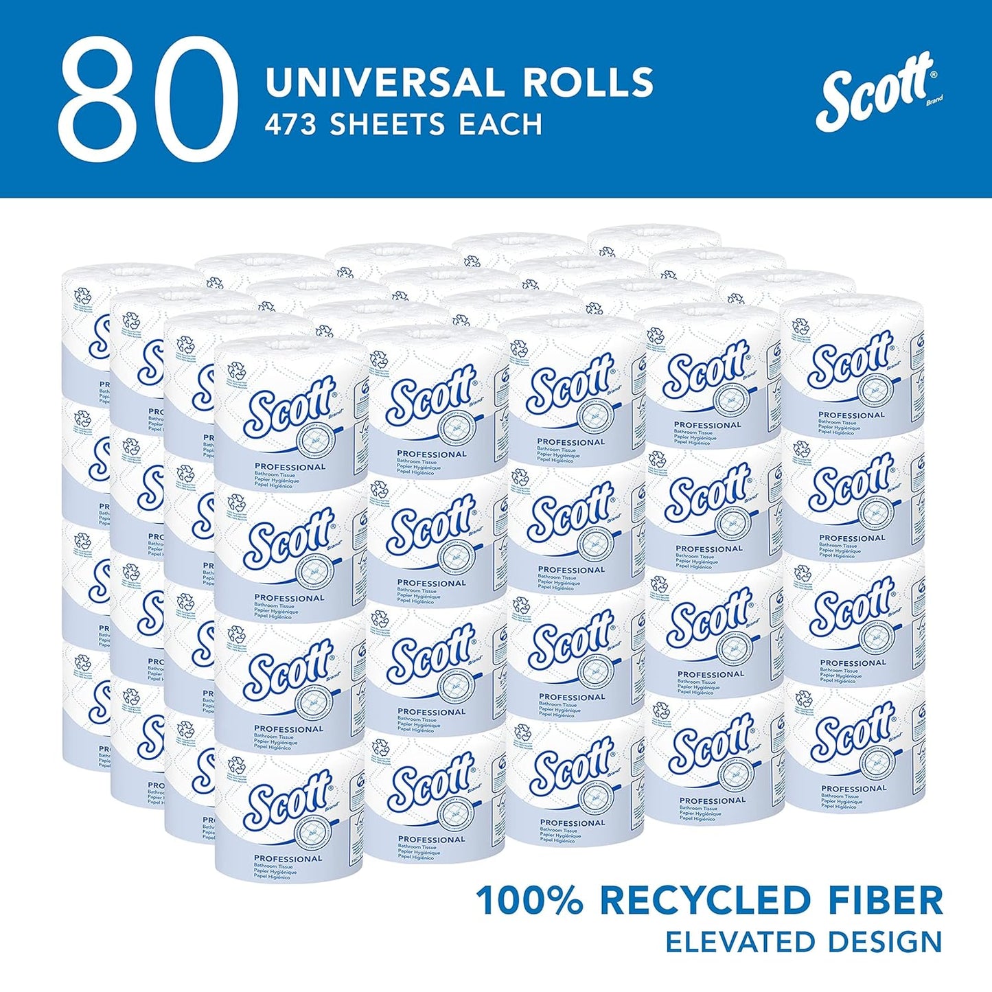 Scott Professional 100% Recycled Fiber Standard Roll Toilet Paper (13217), with Elevated Design, 2-Ply, White, Individually wrapped rolls, (473 Sheets/Roll, 80 Rolls/Case, 37,840 Sheets/Case)