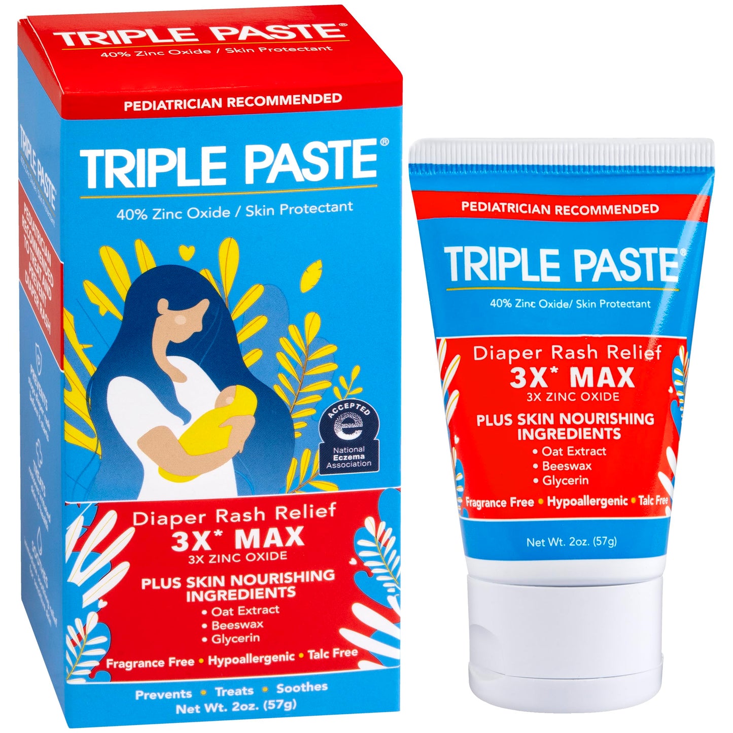 Triple Paste 3X Max Diaper Rash Ointment, Maximum Strength with 40% Zinc Oxide Ointment for Severe Diaper Rash, 2 oz Tube