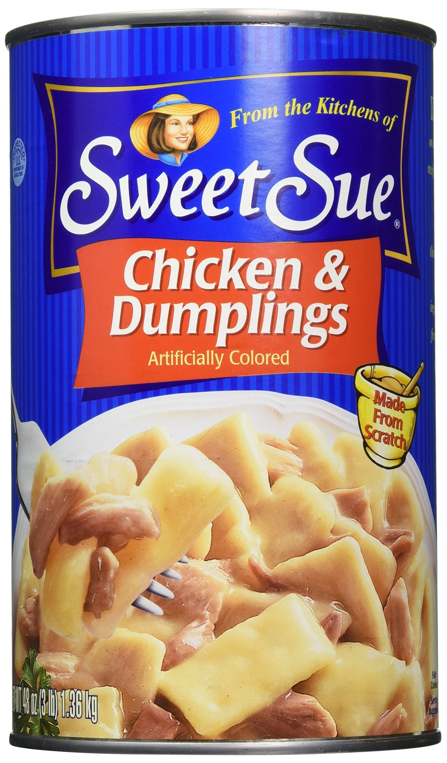 Sweet Sue Chicken & Dumplings – Scratch Made Canned Chicken Dumplings, 14 Grams of Protein Per Serving - Food Service Size for Cafeteria, Bulk Pantry - 48 oz Can (Pack of 1)