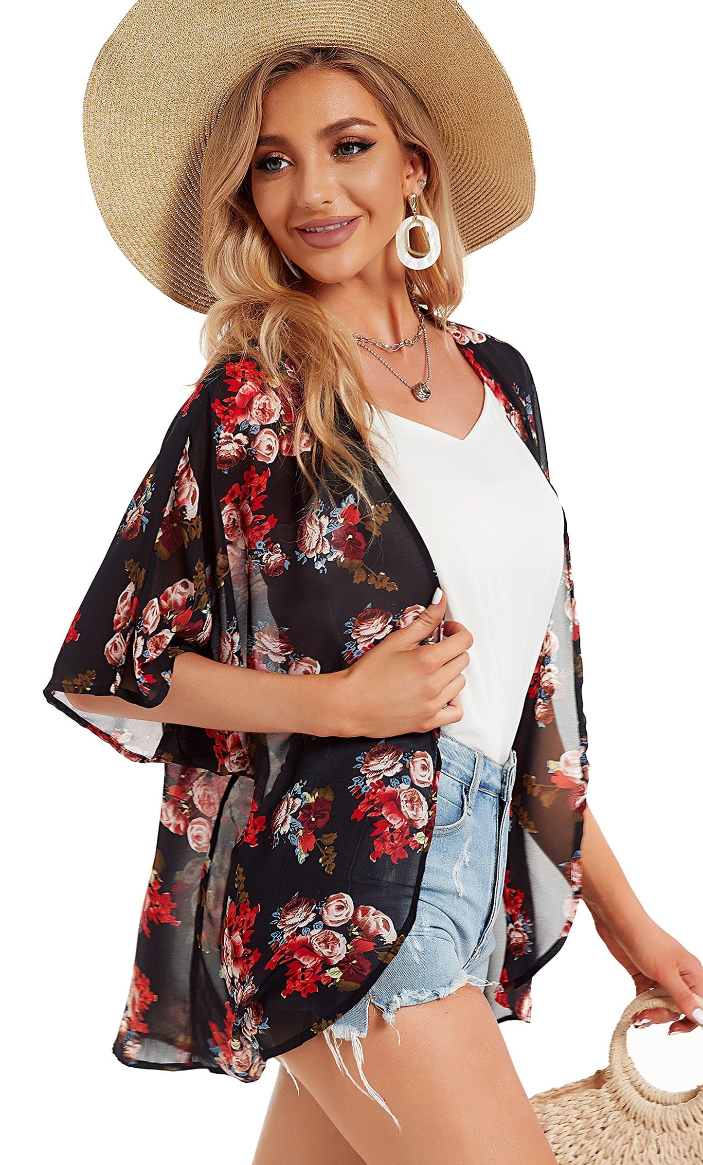 Women's Floral Print Puff Sleeve Kimono Cardigan Loose Cover Up Casual Blouse Tops