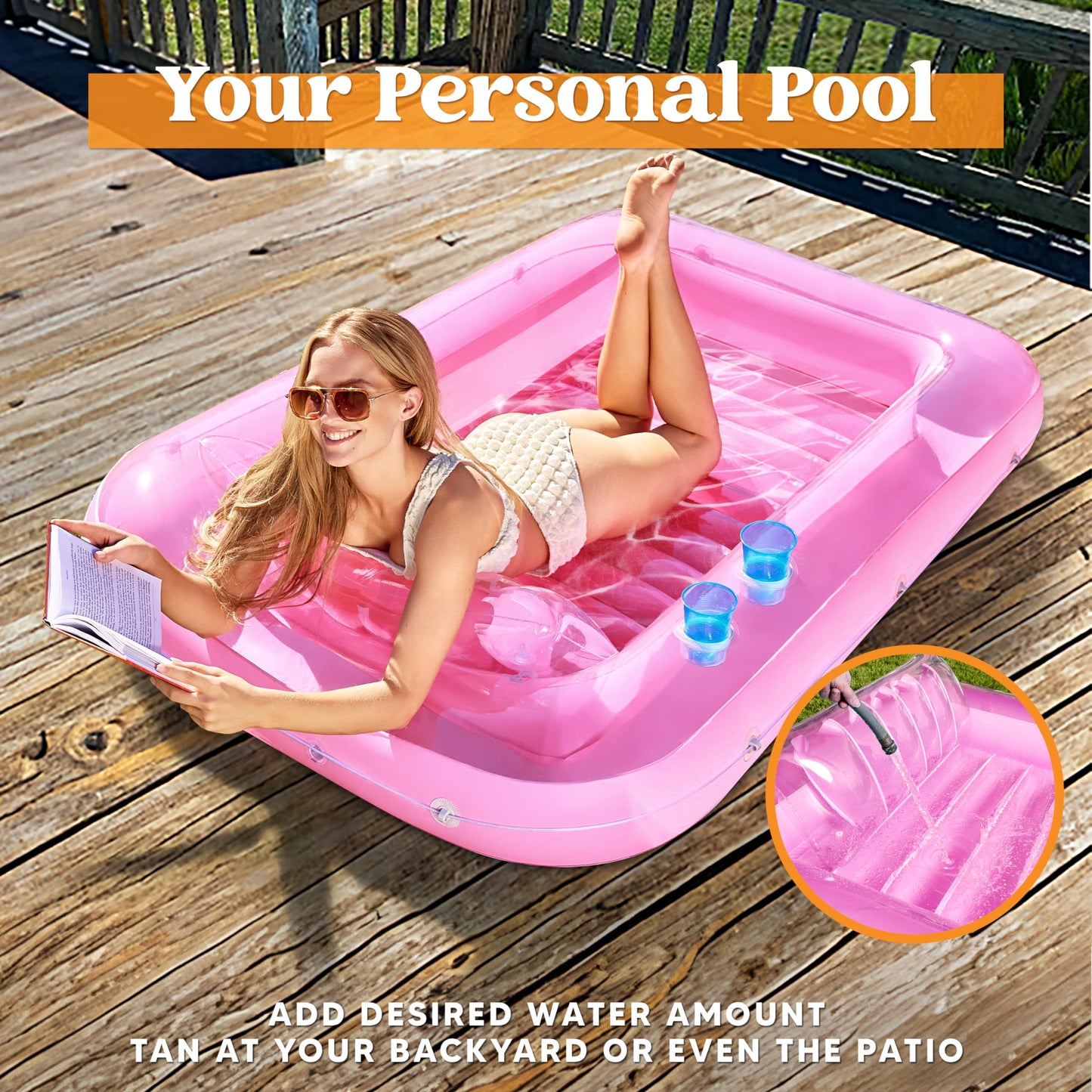 Sloosh Inflatable Tanning Pool Lounge Float, 70" x 46" Suntan Tub Raft Floatie, Tanning Pool with Pillow, Personal Pool Lounger for Adult Summer Water Party, L-Blue