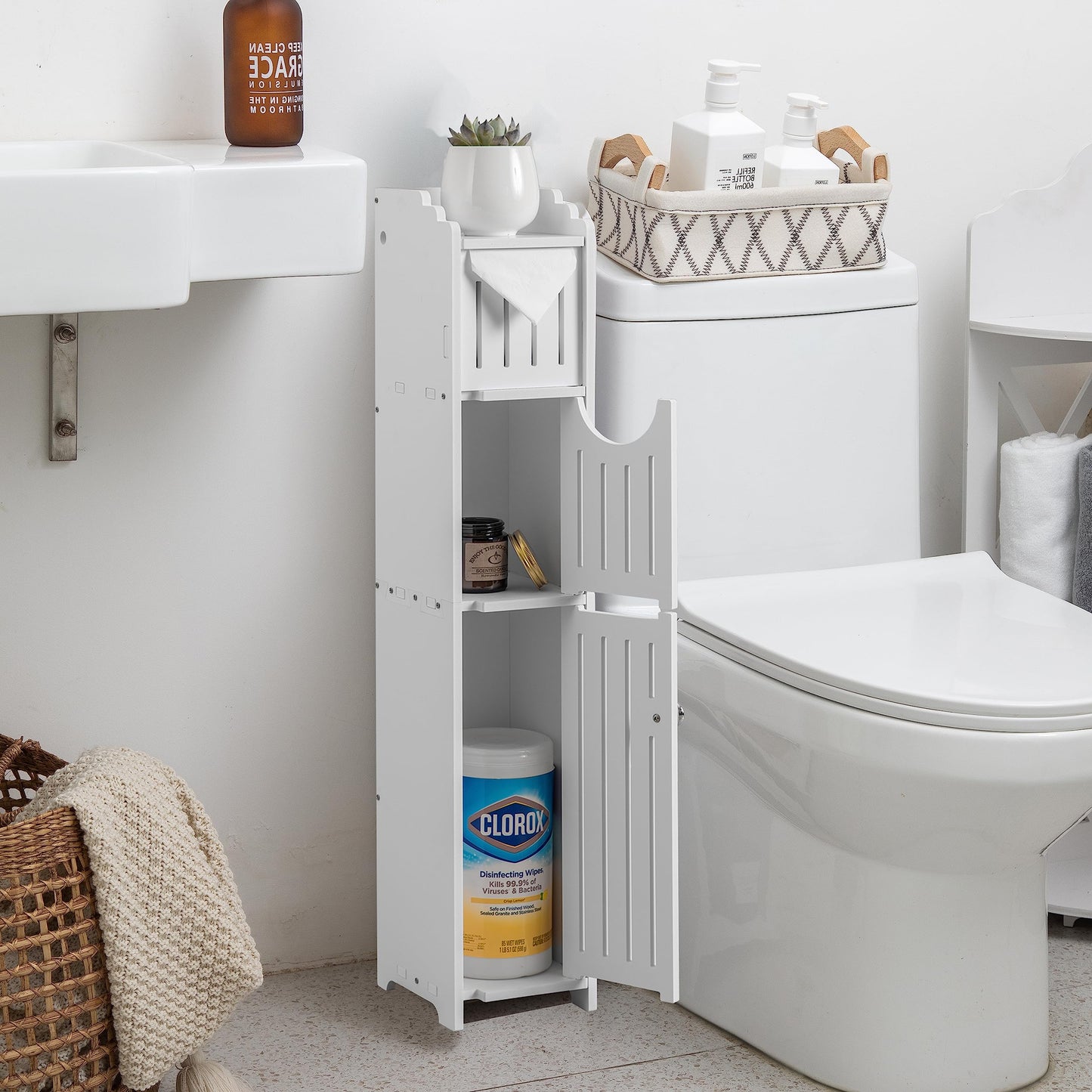 AOJEZOR Bathroom Storage Cabinet: Small Bathroom Storage Cabinet for Small Space - Toilet Paper Cabinet Fit for Small Roll - White