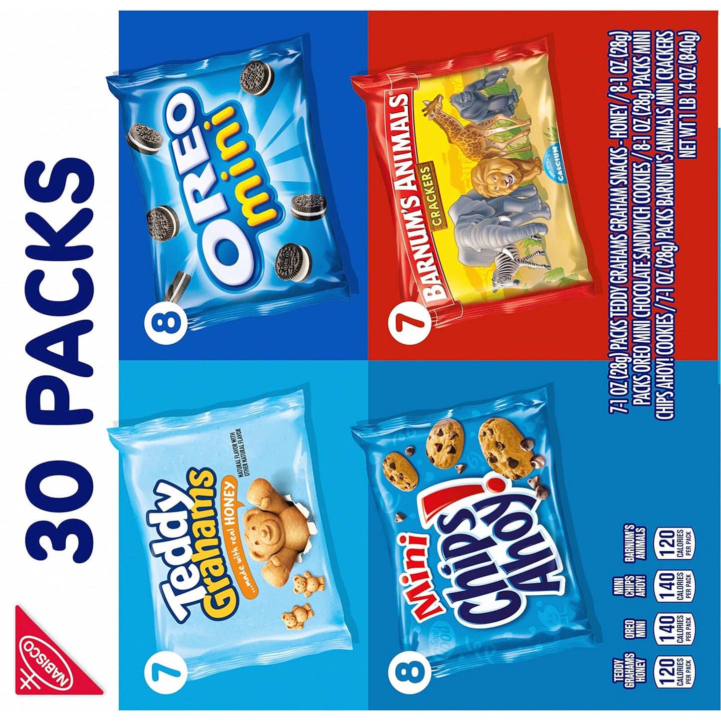 Nabisco Team Favorites Variety Pack, OREO Mini, CHIPS AHOY! Mini, Teddy Grahams Honey & Barnum's Animal Crackers, 30 Snack Packs