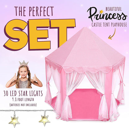 ORIAN Princess Castle Playhouse Tent for Girls with LED Star Lights – Indoor & Outdoor Large Kids Play Tent for Imaginative Games – ASTM Certified, 230 Polyester Taffeta. Pink 55"x53".