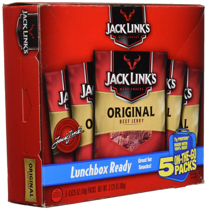 Jack Link's Beef Jerky 5 Count Multipack, Original, 5, 0.625 oz. Bags - Flavorful Meat Snack for Lunches, Ready to Eat - 7g of Protein, Made with 100% Beef - No Added MSG** or Nitrates/Nitrites