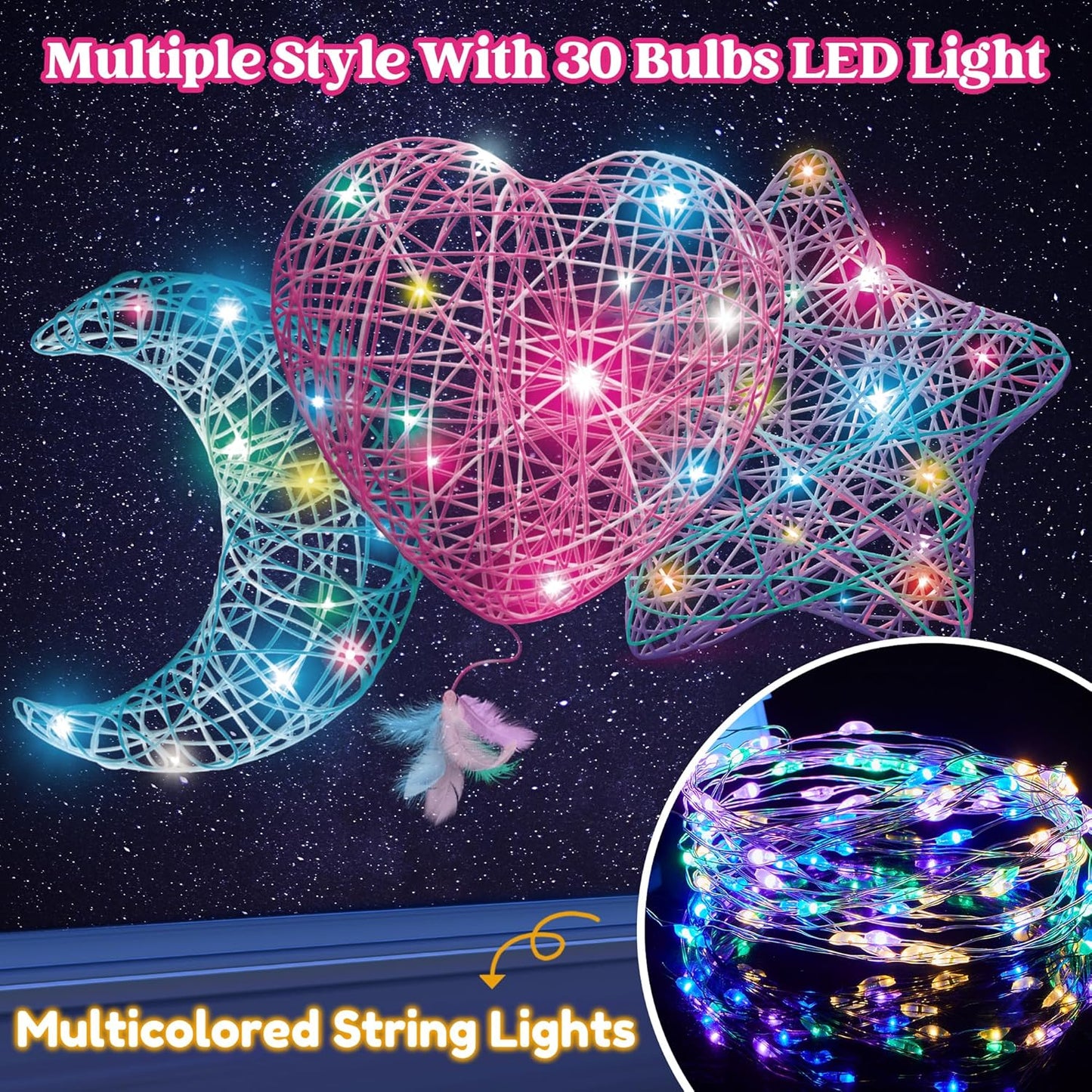 Klever Kits 3D String Art Kit for Kids, Light Up String Light Toy with 30 Multi-Colored LED Bulbs, Arts and Crafts Set, Birthday Gifts for Girls and Boys Ages 6+