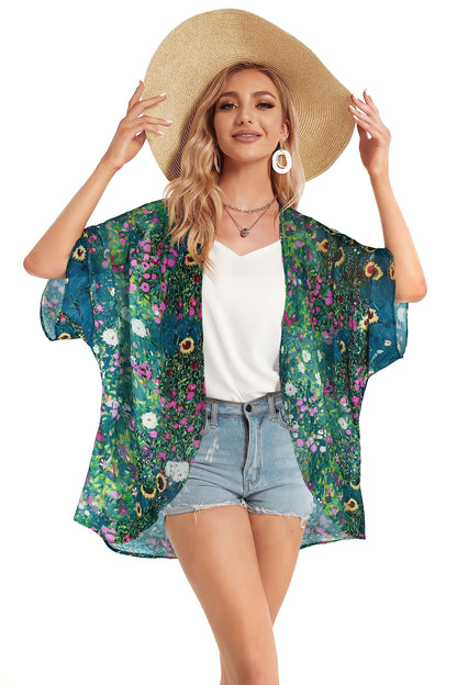 Women's Floral Print Puff Sleeve Kimono Cardigan Loose Cover Up Casual Blouse Tops