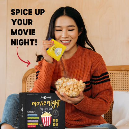 Popcorn Movie Night Supplies Popcorn Kernels Popcorn Seasoning 16 Pack, 5 Gourmet Popcorn Kernels, 5 Popcorn Seasoning Variety Packs Non-GMO Snacks, Includes 6 Bags, Gift Basket Idea