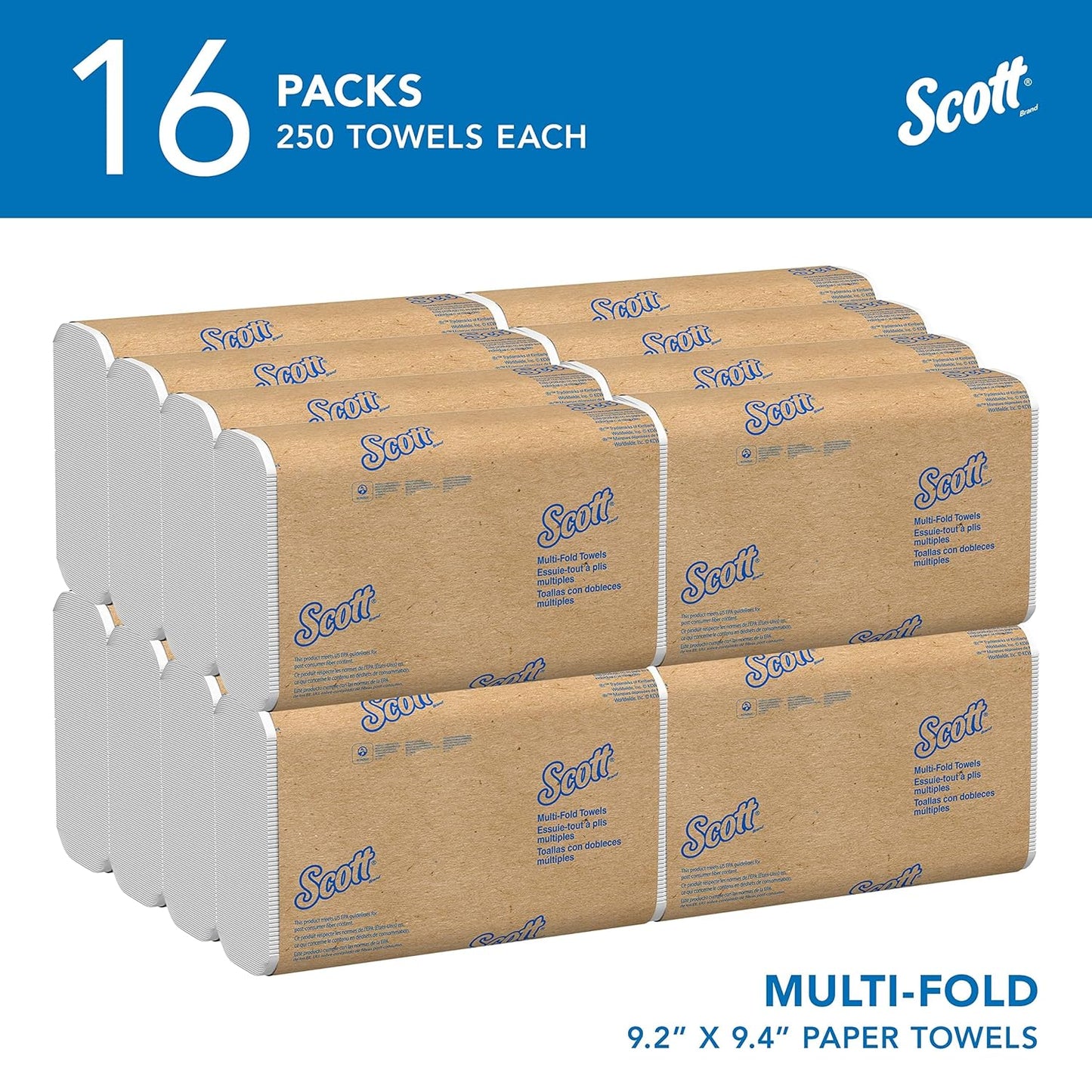 Scott® Multifold Paper Towels (01840), with Absorbency Pockets™, 9.2" x 9.4" sheets, White, Compact Case for Easy Storage, (250 Sheets/Pack, 16 Packs/Case, 4,000 Sheets/Case)