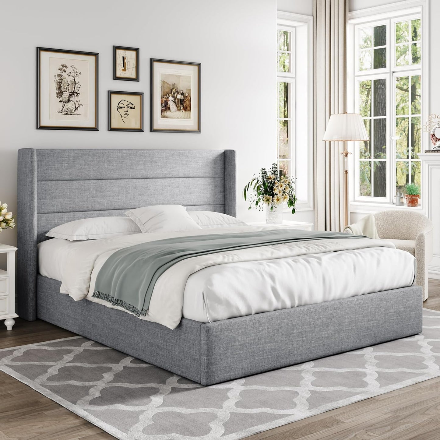 Allewie Queen Size Lift Up Storage Bed, Modern Wingback Headboard, No Box Spring Needed, Hydraulic Storage, Light Grey