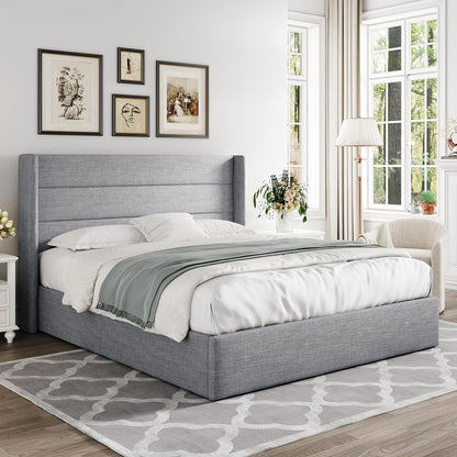 Allewie Queen Size Lift Up Storage Bed, Modern Wingback Headboard, No Box Spring Needed, Hydraulic Storage, Light Grey