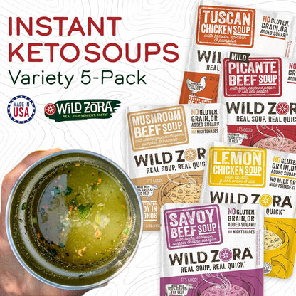 Wild Zora Instant Keto-Friendly Soups 5-Pack Variety, Broth Made with Grass-Fed Beef, Free-Range Chicken, and Vegetables, Gluten-Free, Low Carb, No Added Sugar, Flavorful Pantry Staples - 0.5oz/13g