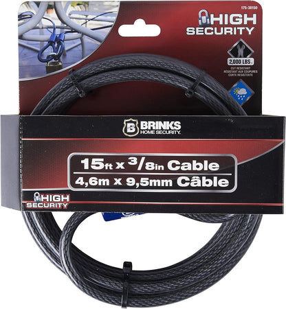 BRINKS - 15 ft x 3/8" Flexible Steel Loop Cable - Heavy Duty Vinyl Wrap for Corrosion Protection