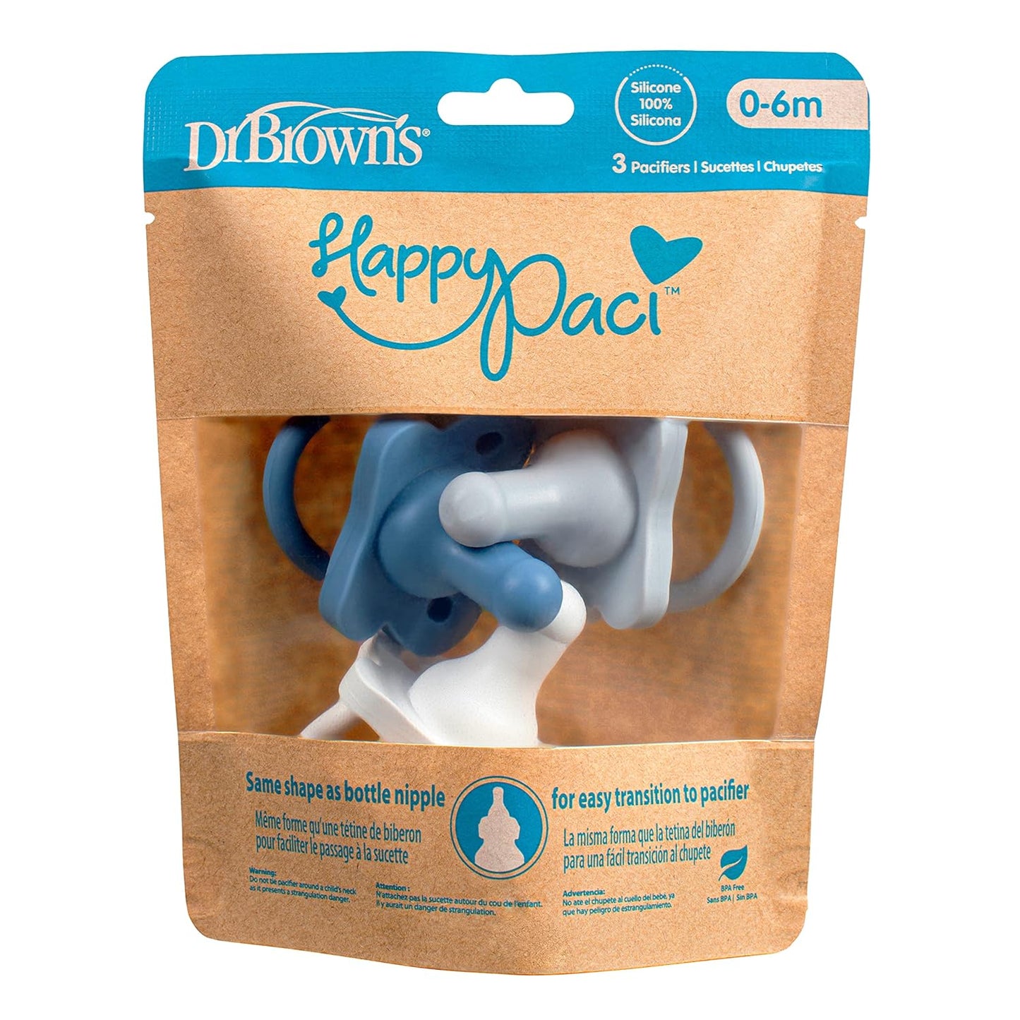 Dr. Brown's HappyPaci 100% Silicone Baby Pacifier, Contoured One-Piece Design, White, Blue, Light Blue, 0-6m, BPA-Free, 3 Pack