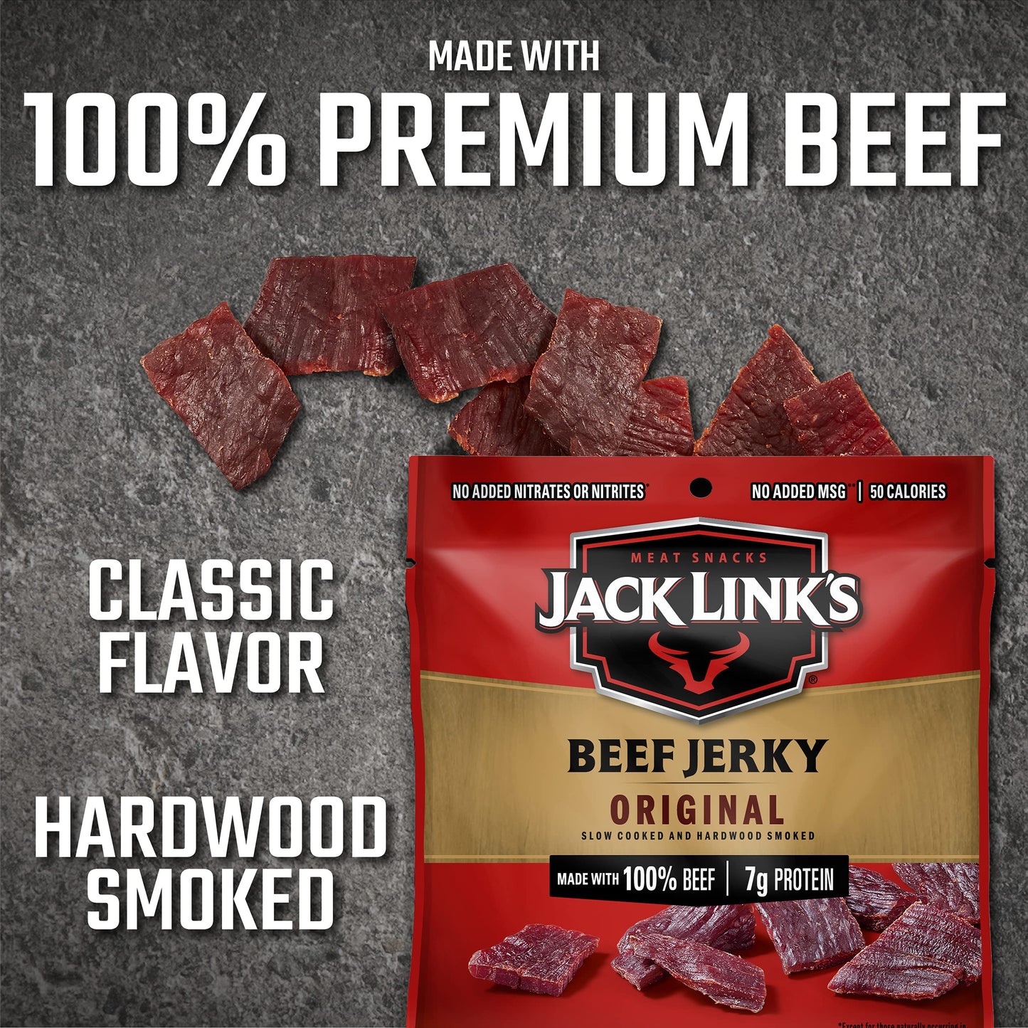 Jack Link's Beef Jerky, Original, Multipack Bags – Flavorful Meat Snacks for Lunches, Ready to Eat, Individual Packs - 7g of Protein, Made with 100% Beef – 0.625 oz (Pack of 20)