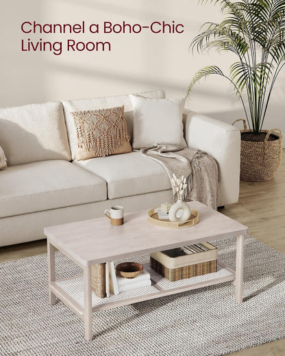 VASAGLE 2-Tier Coffee Table for Living Room, Living Room Table Rectangular Center Table, with PVC Rattan Storage Shelf, Rounded Corners, Easy Assembly, Boho Style, Oatmeal Beige ULCT240K66