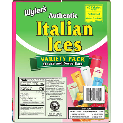 Wyler's Authentic Italian Ice Fat Free Freezer Bars Original Flavors 2oz bars, 96 count