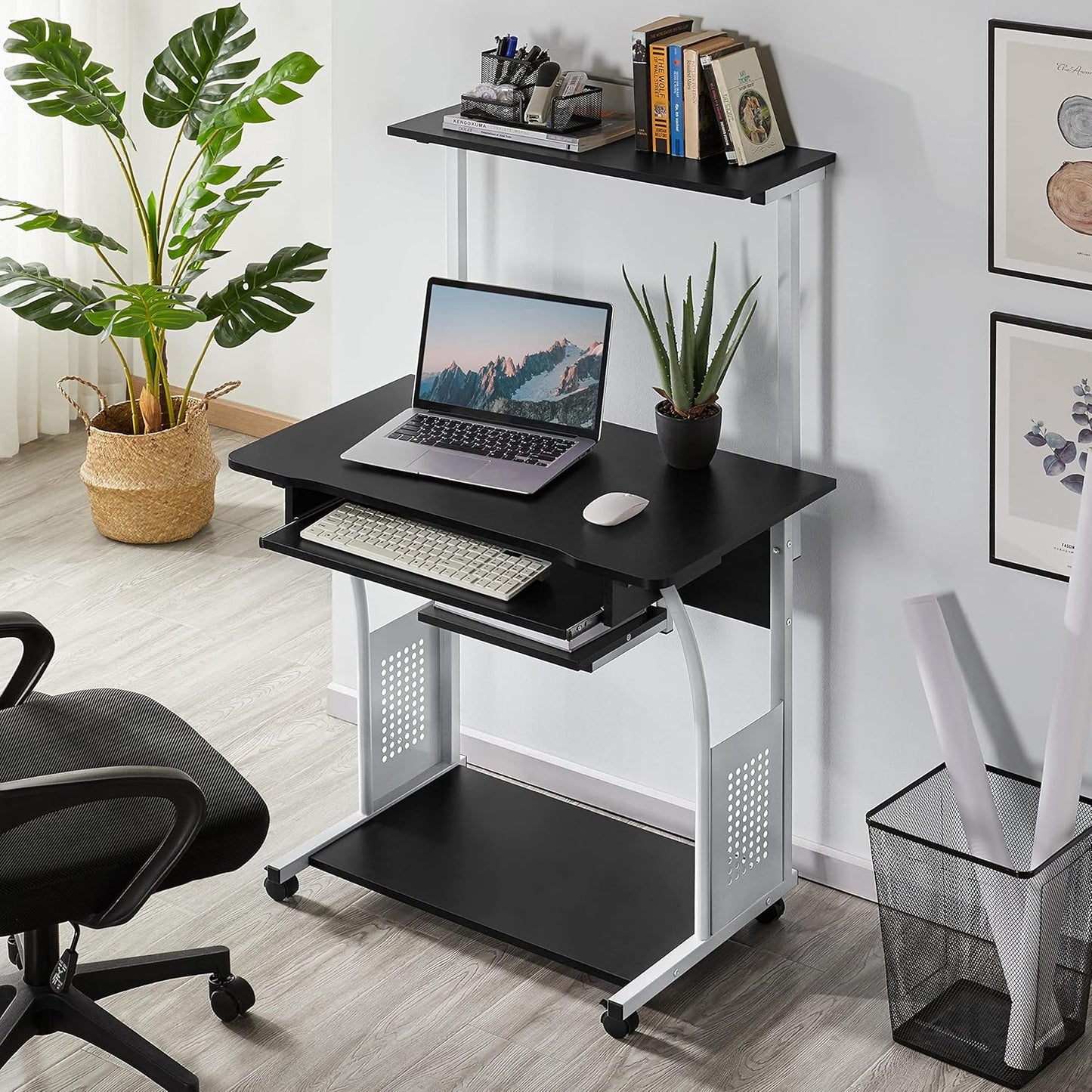 Yaheetech 3 Tiers Mobile Computer Desk with Printer Shelf & Keyboard Tray Rolling Computer Desk for Small Spaces, Compact Study Desk Workstation with Wheels, Space Saving, Black