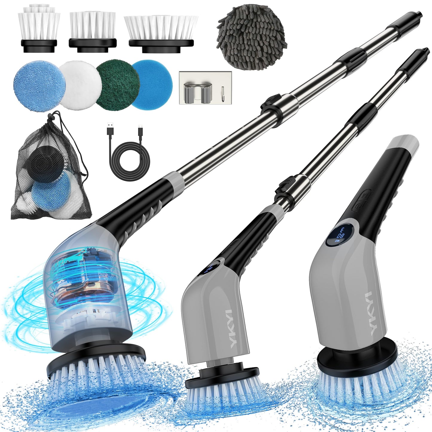 Electric Spin Scrubber,Cordless Cleaning Brush,Shower Cleaning Brush with 8 Replaceable Brush Heads, Power Scrubber 3 Adjustable Speeds,Adjustable & Detachable Long Handle,Voice Broadcast